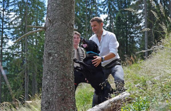 Bild 1 von 4: Bernd Cresnar mit seinem Hund Yaris beim Entdecken eines Borkenkäfers im Wald von Franz Hohenberg.