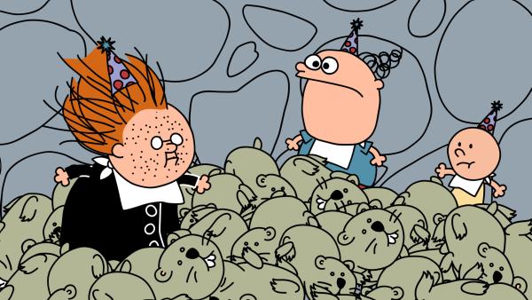 Bild 1 von 3: Trafalgar, Pulver und Cousin Walter sind in eine Höhle gefallen, die voller Lemminge ist.