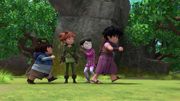 Bild 1 von 4: Ein seltsamer Kauz mit einer Maske (2.von rechts) bittet Robin um Hilfe.