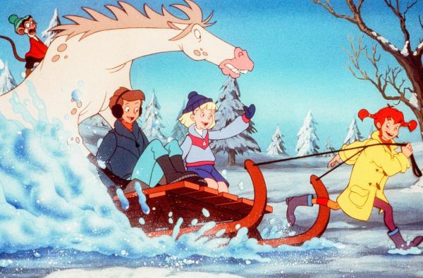 Bild 1 von 13: Im Bild: Kleiner Onkel ist völlig fertig von Pippis Versuch, ihm Skispringen beizubringen. Also spannt sich Pippi selbst vor den Schlitten.