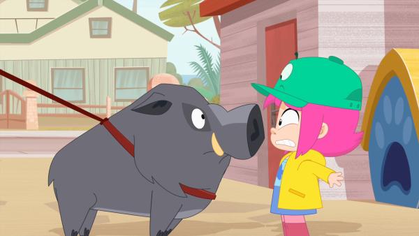 Bild 1 von 3: Rebecca kann es nicht fassen. Statt des versprochenen Ponys hat Opa ein Wildschwein für ihre Party mitgebracht. Da werden ihre Gäste enttäuscht sein.