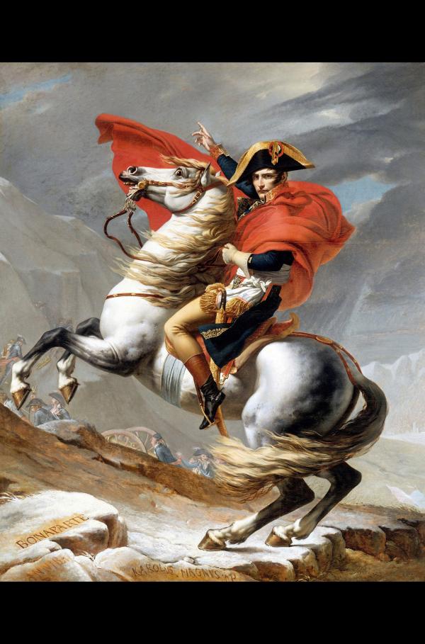 Bild 1 von 9: Napoleon Bonaparte beim Überschreiten der Alpen am Grossen Sankt Bernhard (Gemälde von Jacques-Louis David, 1800-1802)
