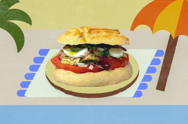 Bild 1 von 2: Auch wenn es einem Burger ähnelt, ist Pan Bagnat für die Einwohner Nizzas viel mehr: eine fischige Köstlichkeit mit sonnengereiftem Gemüse zwischen zwei knusprigen Brotscheiben.
