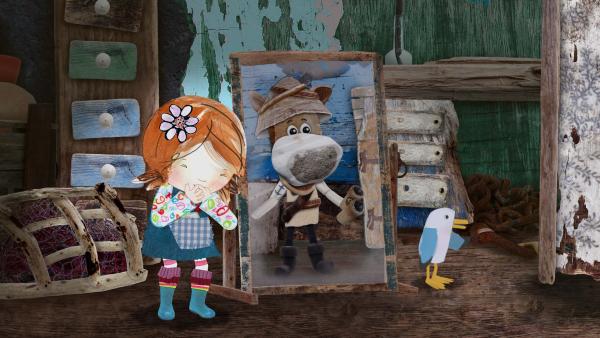 Bild 1 von 4: Welche Kleider soll Salty nur für diesen besonderen Anlass heute tragen?© KiKA/Sixteen South - Honorarfreie Verwendung gemäß AGB im redaktionellen Zusammenhang mit genannter Sendung bei Nennung \