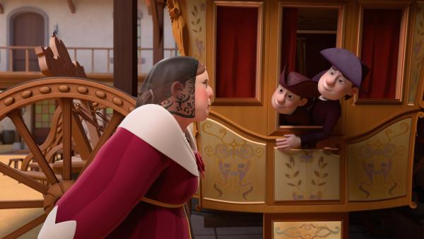 Bild 1 von 3: Die hinterlistige Rolande (l.) und ihre Gehilfen Alfred (M.) und Manfred (r.) stellen Graf de Treville eine gemeine Falle.