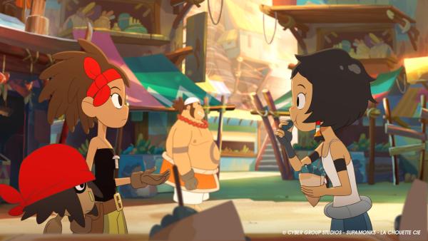 Bild 1 von 3: Corto (r.) lässt sich ihre Lieblingsmuscheln schmecken und verbündet sich mit Ed (l.) und Max (2.v.l.) von Team Pirates.