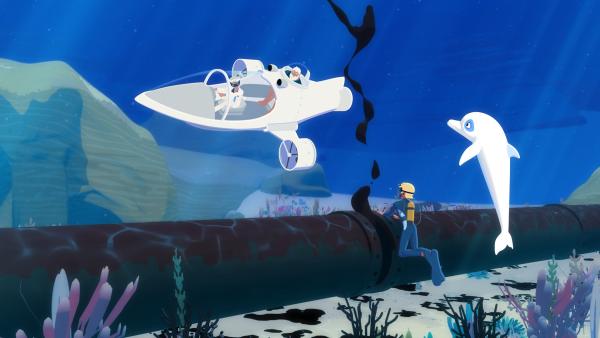 Bild 1 von 5: Yann (2.v.r.) und Zoom (r.) haben die lecke Stelle in der Unterwasser-Pipeline gefunden und Van Krook und Onkel Patrick sind mit dem U-Boot unterwegs, um das Leck zu dichten. Sollte das nicht gelingen, droht eine Ölpest vor der Küste von Maotou.© ZDF/Media Valley/Marzipan Films - Honorarfreie Verwendung gemäß AGB im redaktionellen Zusammenhang mit genannter Sendung bei Nennung \