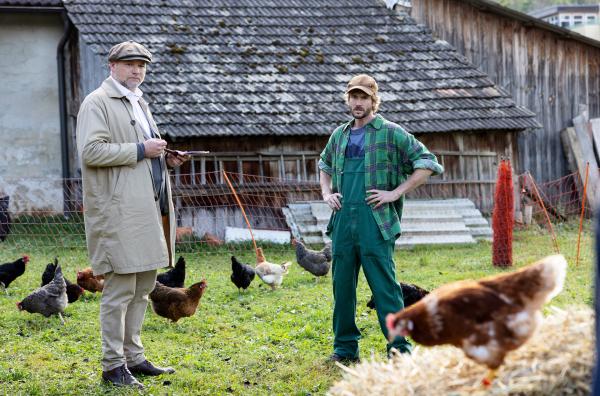 Bild 1 von 3: Wer stiehlt Bauer Brus (Kevin Brand, re.) die Hühner? Inspektor Sifkovits (Thomas Stipsits, li.) soll den Dieb schnappen ? und stolpert stattdessen über einen Mordfall.