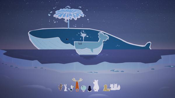Bild 1 von 1: Inui und alle anderen tierischen Bewohner des Nordpols sind völlig verblüfft: sie hätten sich nie vorstellen können, dass es noch einen viel größeren Wal gibt als ihre Wal-freundin Wiebke.