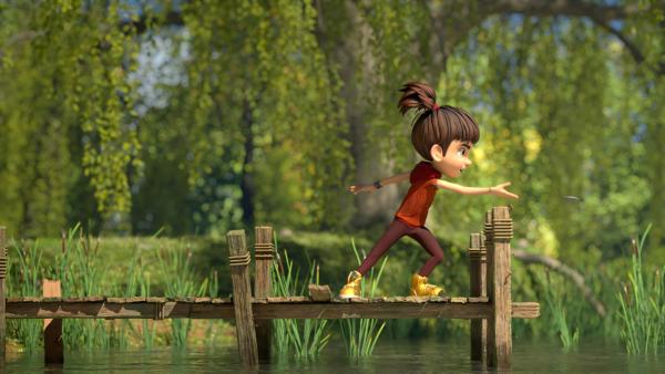 Bild 1 von 3: Beim Steine flitschen macht Bohnenstange so schnell keiner was vor.© ZDF/La Station Animation - Honorarfreie Verwendung gemäß AGB im redaktionellen Zusammenhang mit genannter Sendung bei Nennung \