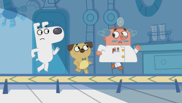 Bild 1 von 4: Puck holt Professor Asimov und Dog, um den Roboterhund aufzuhalten.