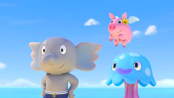 Bild 1 von 1: Mamfie, Pinkie und Takolo bauen ein Sandschloss am Strand. Aber das ist gar nicht so leicht.