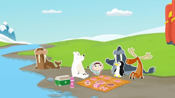 Bild 1 von 1: Als Inui (Mi.) und ihre Freunde zum Zelten fahren, treffen sie auf die beiden Walrösser Uwe (re.) und Ole (li.). Die glauben aber leider, alles besser zu wissen - und das nervt enorm.