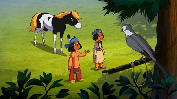 Bild 1 von 3: Yakari begegnet im Wald einer Spottdrossel, die in der Lage ist, Tierstimmen nachzuahmen.© WDR/Storimages - Honorarfreie Verwendung gemäß AGB im redaktionellen Zusammenhang mit genannter Sendung bei Nennung \