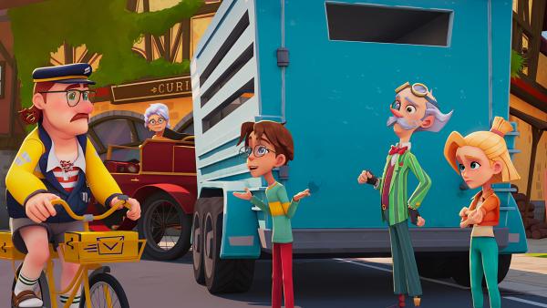 Bild 1 von 1: Leo und Sophie müssen die Dinos vor dem neugierigen Postboten, der mit dem Fahhrad vorbeifährt, in einem Transporter verstecken. Oma Claria und ihr alter Freund  Graf Alphonse helfen ihnen.© KiKA/MACK Magic/Der Kinderkanal von ARD und ZDF, 2025- Honorarfreie Verwendung gemäß AGB im redaktionellen Zusammenhang mit genannter Sendung bei Nennung \