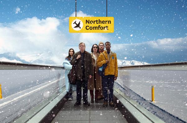 Bild 1 von 6: Die Selbsthilfegruppe gegen Flugangst - Charles (Simon Manyonda), Alfons (Sverrir Guðnason), Sarah (Lydia Leonard), Edward (Timothy Spall) und Coco (Ella Rumpf, v.r.) - strandet im Schneegestöber auf Island.