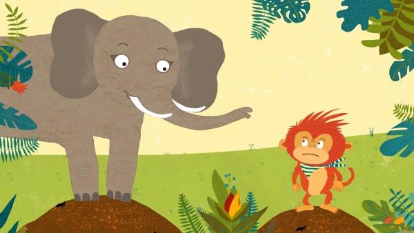 Bild 1 von 3: Äffchen Wim will seine große Wut loswerden. Bloß wie? Das Elefantenmädchen kennt einen Trick. Stampfen!
© ZDF/Trikk17 - Honorarfreie Verwendung gemäß AGB im redaktionellen Zusammenhang mit genannter Sendung bei Nennung \