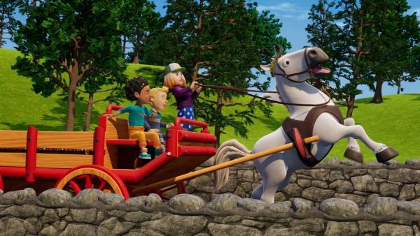 Bild 1 von 3: Mandy, James und Annie müssen feststellen, dass ein Pferdekarren mit Glasflaschen und ein holpriger Weg keine gute Kombination sind.