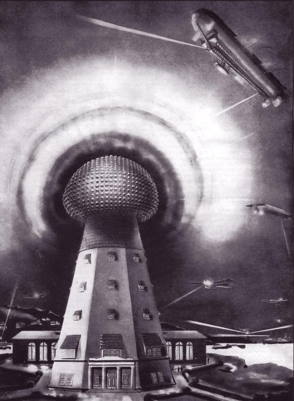 Bild 1 von 3: Die Zukunft der drahtlosen Technologie, wie sie sich Nikola Tesla im späten 19. Jahrhundert vorstellte: Tesla schlug weltweit Türme vor, die kabellos alles von Straßenlaternen bis zu flügellosen Flugzeugen mit Strom versorgen. Aber war die Welt bereit für einen solch gewaltigen Sprung?