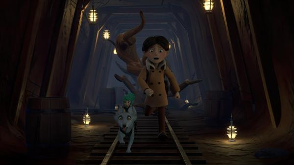 Bild 1 von 3: Klincus (rechts), Silberfüchsin Frida (links) und Glyn (links, auf Fridas Rücken) müssen so schnell es geht den Tunnel verlassen, bevor die durch Homnius' Gebräu rasant wuchernden Wurzeln, die kompletten Tunnelsysteme durchdrungen haben.