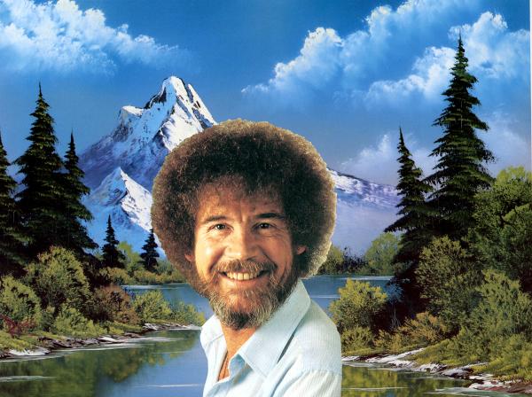 Bild 1 von 1: Bob Ross vor einem seiner Landschaftsbilder.