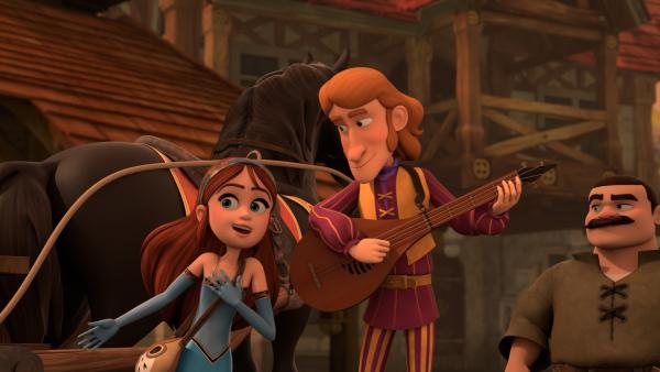 Bild 1 von 3: Als der Barde (M.) Robins Taten in seinen Liedern lobt, wird Prinz John eifersüchtig. Marian (l.) ist begeistert von den Lobgesängen.