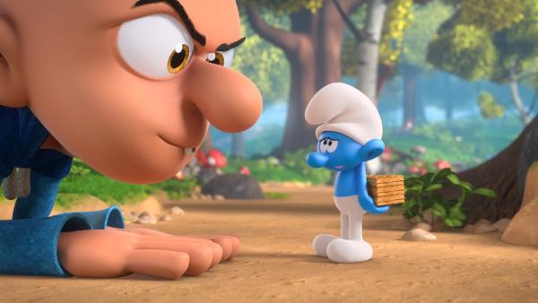 Bild 1 von 1: Dwaynes will von Torti wissen, ob er Waffeln in Schlumfgröße hat.© KiKA/Peyo Productions, Dupuis Édition & Audiovisuell - Honorarfreie Verwendung gemäß AGB im redaktionellen Zusammenhang mit genannter Sendung bei Nennung \