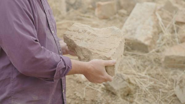 Bild 1 von 8: Michael Danti examines a new discovery at the active dig site in Nimrud, Iraq. (Windfall Films)