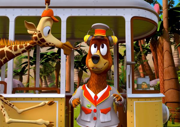 Bild 1 von 3: Bruno, der Giraffen-Teenager, hat Balduin seine Kopfhörer geliehen. So kann der Bär ungestört das Tennisfinale verfolgen. Allerdings bekommt Balduin jetzt nicht mehr mit, was um ihn herum passiert.