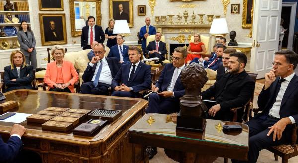 Bild 1 von 5: Vertreter europäischer Staaten Mitte August zu Gast im Oval Office, Washington DC, USA, 18.08.2025.