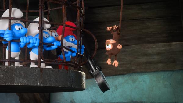 Bild 1 von 6: Kann Monkey das Schloss des Käfigs öffnen und so die Schlümpfe befreien?© KiKA/Peyo Productions, Dupuis Édition & Audiovisuell 2020 - Honorarfreie Verwendung gemäß AGB im redaktionellen Zusammenhang mit genannter Sendung bei Nennung \