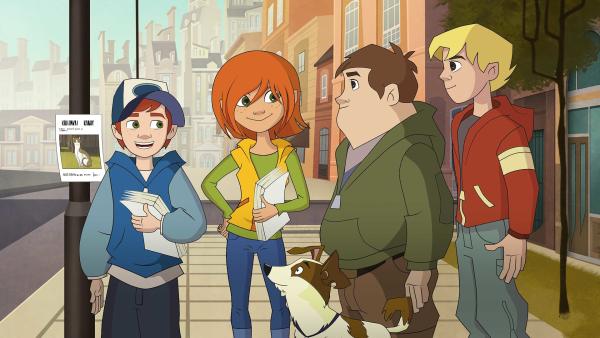 Bild 1 von 2: Die 4 1/2 Freunde hängen Zettel auf, um den Besitzer von der Katze zu finden, die es sich in Dandys Hundehütte bequem gemacht hat.