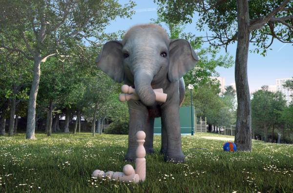 Bild 1 von 1: Das Elefantenbaby möchte beim Picknick im Park lieber spielen, während seine Eltern es sich bei einem Gläschen gemütlich machen wollen.