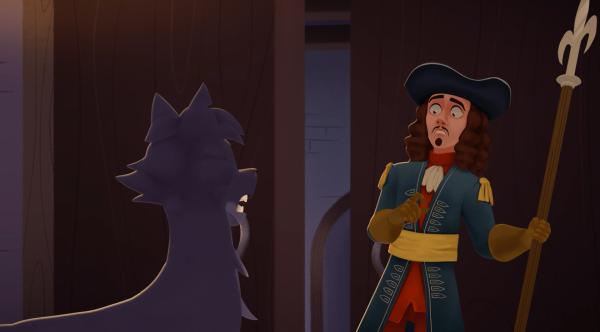 Bild 1 von 3: Lupin wird von einer Wache entdeckt. Diese reagiert panisch, als sie dem Wolf begegnet.