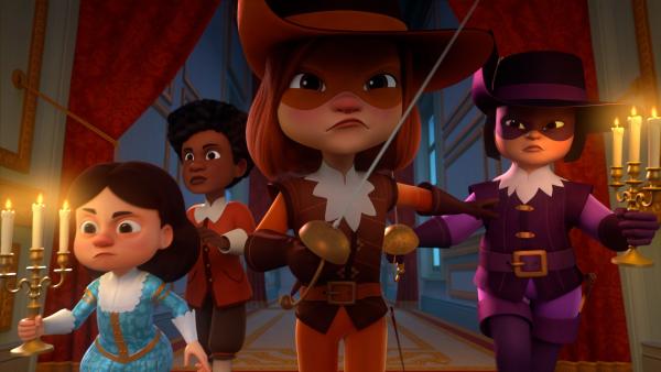 Bild 1 von 2: Die Geisterjäger sind los. Entschlossen machen sich d'Artagnan (2.v.r.), Porthos (r.), Alex (2.v.l.) und der König (l.) auf die Suche nach dem furchteinflößenden Geist.