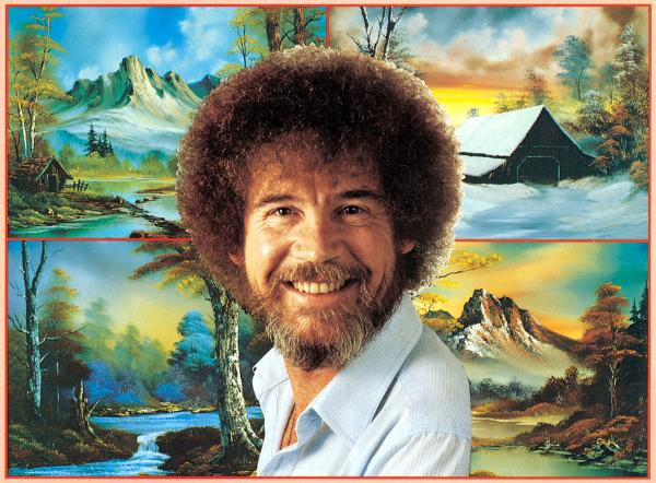 Bild 1 von 2: Bob Ross vor einem seiner Landschaftsbilder.