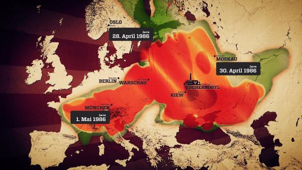 Bild 1 von 6: Die radioaktive Strahlung verteilte sich mit dem Wind über ganz Europa. Europakarte mit Ausbreitung der radioaktiven Strahlungswolke im Frühjahr 1986.