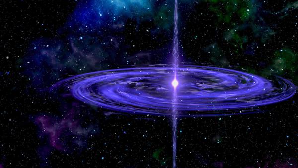 Bild 1 von 3: Weiße Löcher existieren bislang nur in der Theorie. Sie sind vorstellbar als extrem heller Punkt, ein äußerst starker Energiestrom, von dem eine extreme Strahlung ausgeht und nichts zu nahe kommen kann.