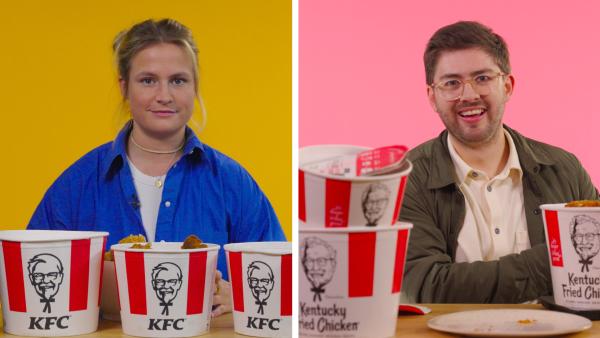 Bild 1 von 9: Deutschland versus USA: Wo liegen die Unterschiede und wo steckt mehr im Eimer? Lilly Temme und Florian Reza vergleichen das deutsche und US-amerikanische Hähnchenangebot von KFC.
