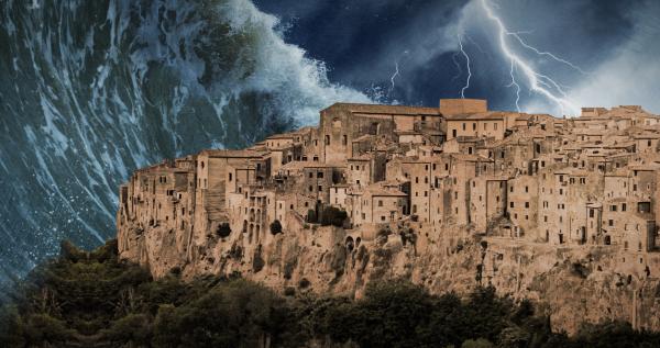 Bild 1 von 4: Symbolbild: Ein Erdbeben zieht eine Flutwelle nach sich und zerstört die griechische Stadt Helike.