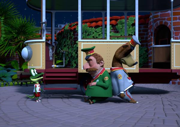 Bild 1 von 3: Da die Bahn ist kaputt, und die Tiere müssen die Nacht im Zoo verbringen. Eigentlich wollten Herr Timmer, der Zoodirektor, und Balduin, der Bär, Zacki beim Reparieren helfen. Doch nun schlummern sie im Stehen.© ZDF/Grid Animation, TELEGAEL - Honorarfreie Verwendung gemäß AGB im redaktionellen Zusammenhang mit genannter Sendung bei Nennung \