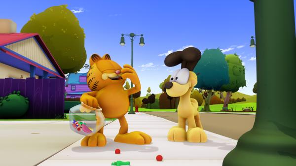 Bild 1 von 3: Als Garfield von Jons nervigen Nichten besucht wird, lockt er diese in das Haus einer Hexe.