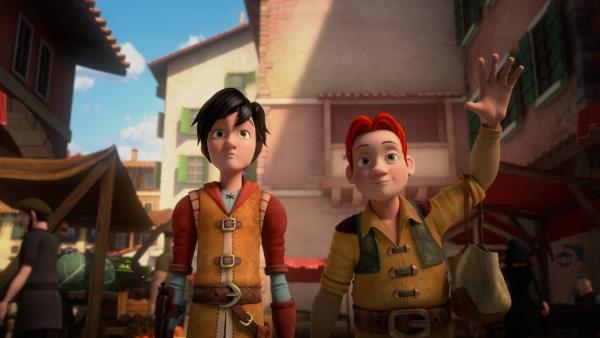 Bild 1 von 3: Leo und Lollo (r.) auf dem Markt. Lollo soll die Zutaten für die Suppe kaufen.