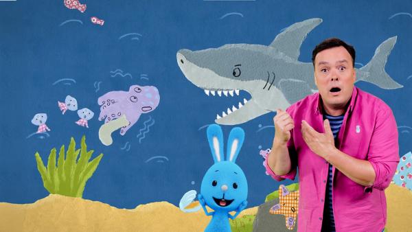 Bild 1 von 1: Christian und Kikaninchen verfolgen die Geschichte vom Tintenfisch, der einem gefährlichen Meeresbewohner begegnet.© KiKA/Studio.TV.Film GmbH/Andrea Hansen - Honorarfreie Verwendung gemäß AGB im redaktionellen Zusammenhang mit genannter Sendung bei Nennung \