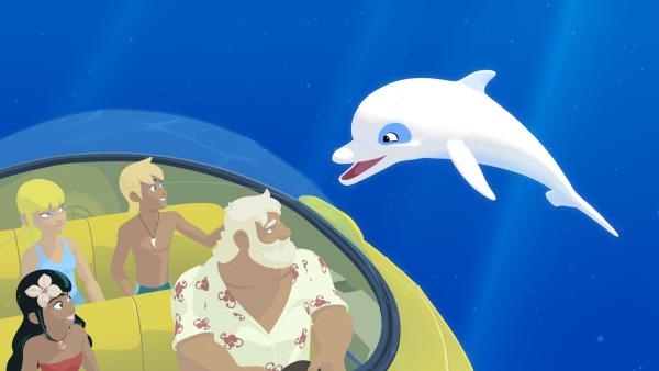 Bild 1 von 5: Onkel Patrick (v.r.) ist mit Timeti (v.l.), Clarissa (h.l.) und Yann (h.r.) im U-Boot unterwegs, um nach dem Ursprung des Ölteppichs zu suchen, der sich auf der Wasseroberfläche vor der Insel Maotou verbreitet. Zoom scheint etwas entdeckt zu haben.