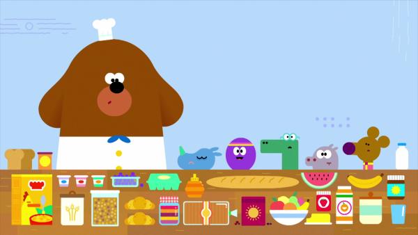 Bild 1 von 2: Für ein gemeinsames Frühstück bereitet Duggee jedem der Quirlies genau das zu, was sie am liebsten essen. Keine leichte Aufgabe!