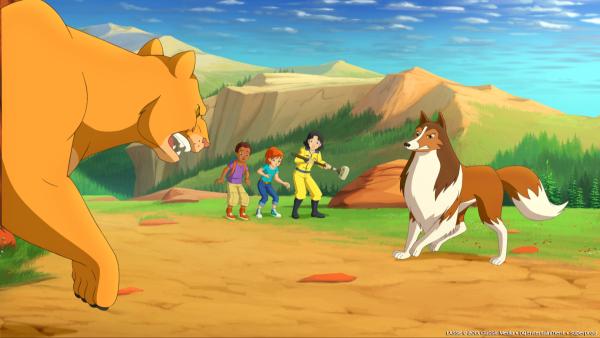 Bild 1 von 4: Lassie verteidigt Harvey, Zoe und Kim vor dem gefährlichen Berglöwen.