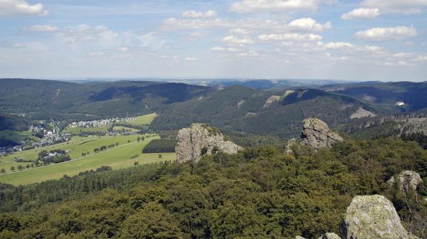 Bild 1 von 4: Der Aufstieg auf die Bruchhauser Steine nahe Olsberg ist eine Herausforderung für die Mountainbiker.