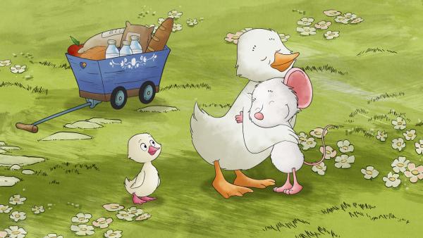 Bild 1 von 2: Am Weltknuddeltag zeigen sich alle im Heckenrosenweg, wie gern sie sich haben, so wie Tilda und Ida.