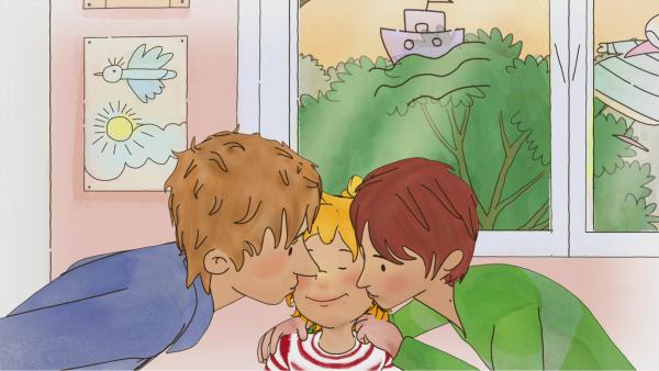 Bild 1 von 2: Ohne Mama und Papa im Kindergarten zu übernachten fällt Conni nicht leicht. Doch mit so vielen Küssen als Vorrat ist Conni zuversichtlich, dass es klappen wird.